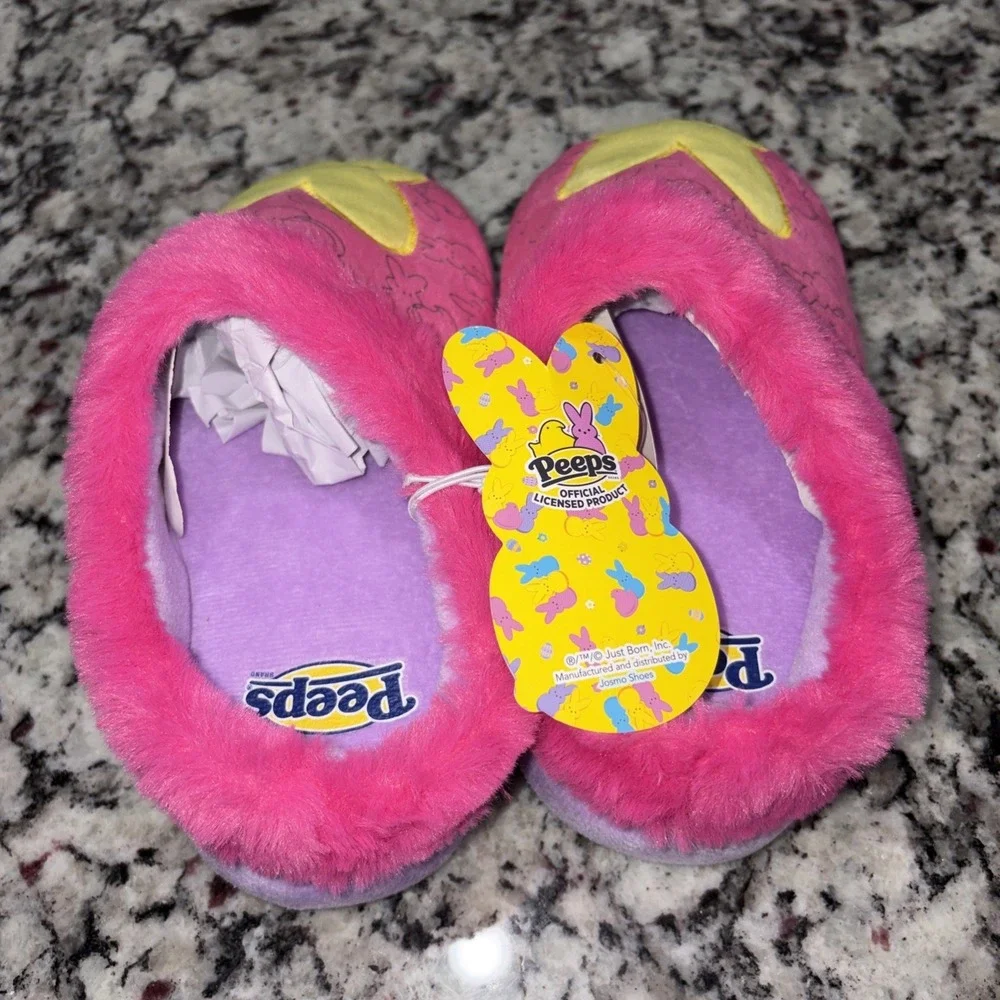 Peeps Slippers‎ Girls Size 13-1 Pink Yellow Slip On Faux Fur Lined Plush Shoes